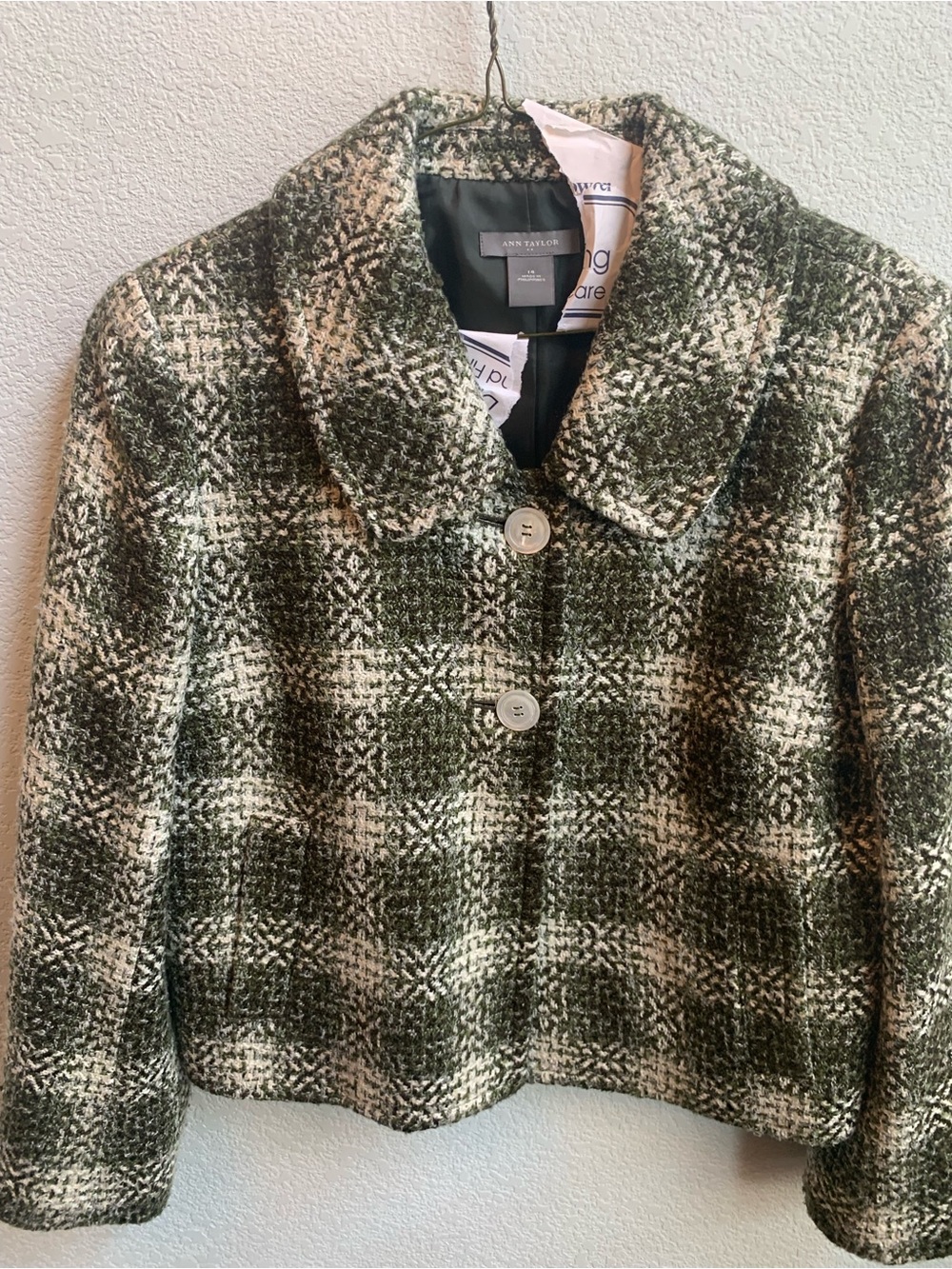 Ann Taylor Green and Cream Plaid Cropped Jacket